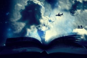 Libro abierto con fondo cielo y un avión volando