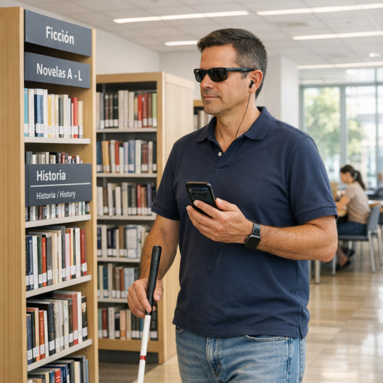 Imagen diseñada con IA. Persona con discapacidad visual con bastón caminando en el interior de una biblioteca orientandose a través de instrucciones por voz