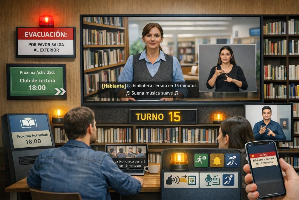 Diferentes tecnolog&iacute;as de accesibilidad dirigidas a personas sordas: subtitudado, avisos luminicos y transcripci&oacute;n de texto. (Imagen generada con IA)
