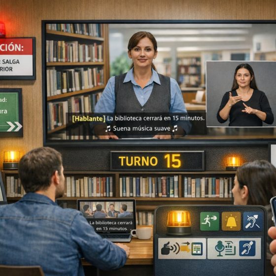 Diferentes tecnologías de accesibilidad dirigidas a personas sordas: subtitudado, avisos luminicos y transcripción de texto. (Imagen generada con IA)