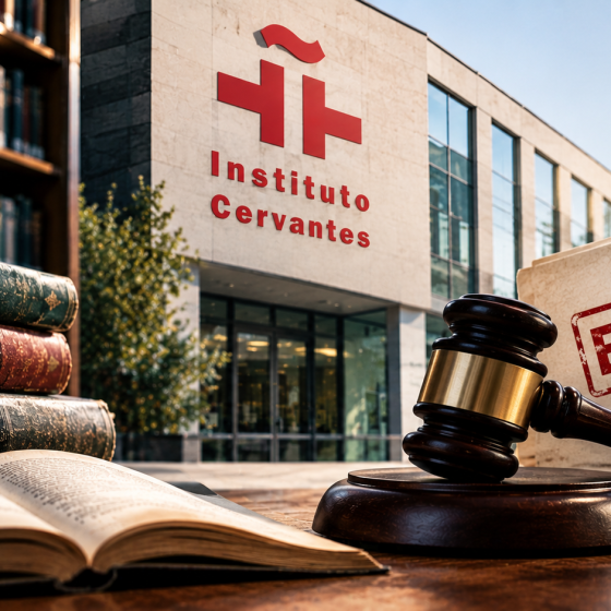 Imagen con IA. Logo del Instituto Cervantes, maza, pila de papeles bajo el título en rojo: embargo